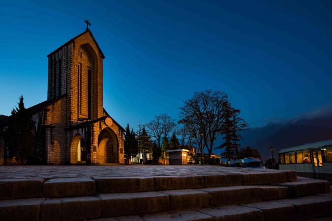 Sapa Stone Church (Notre Dame Cathedral) and the Quang Truong Square.
