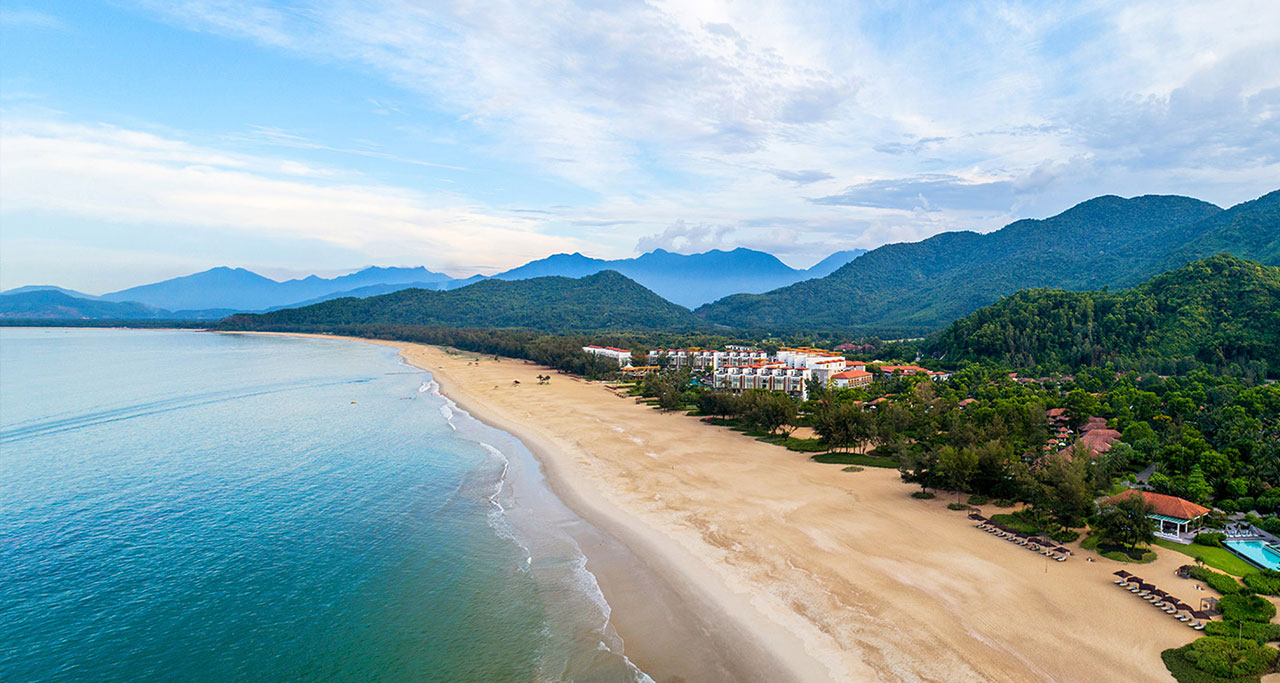 A stunning aerial view of Lang Co Beach, Hue with white sand and blue water