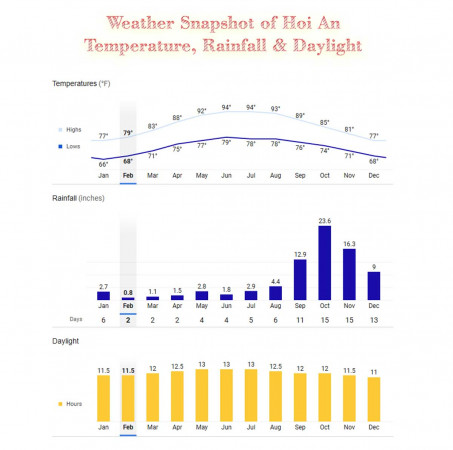 Chart displaying monthly temperature, rainfall, and daylight hours for Hoi An