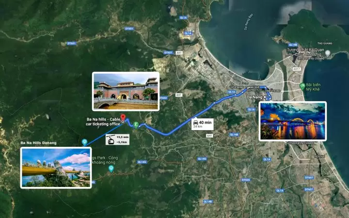 map from Danang city center to Ba Na hills