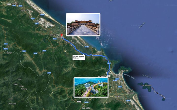 map from Danang to Hue