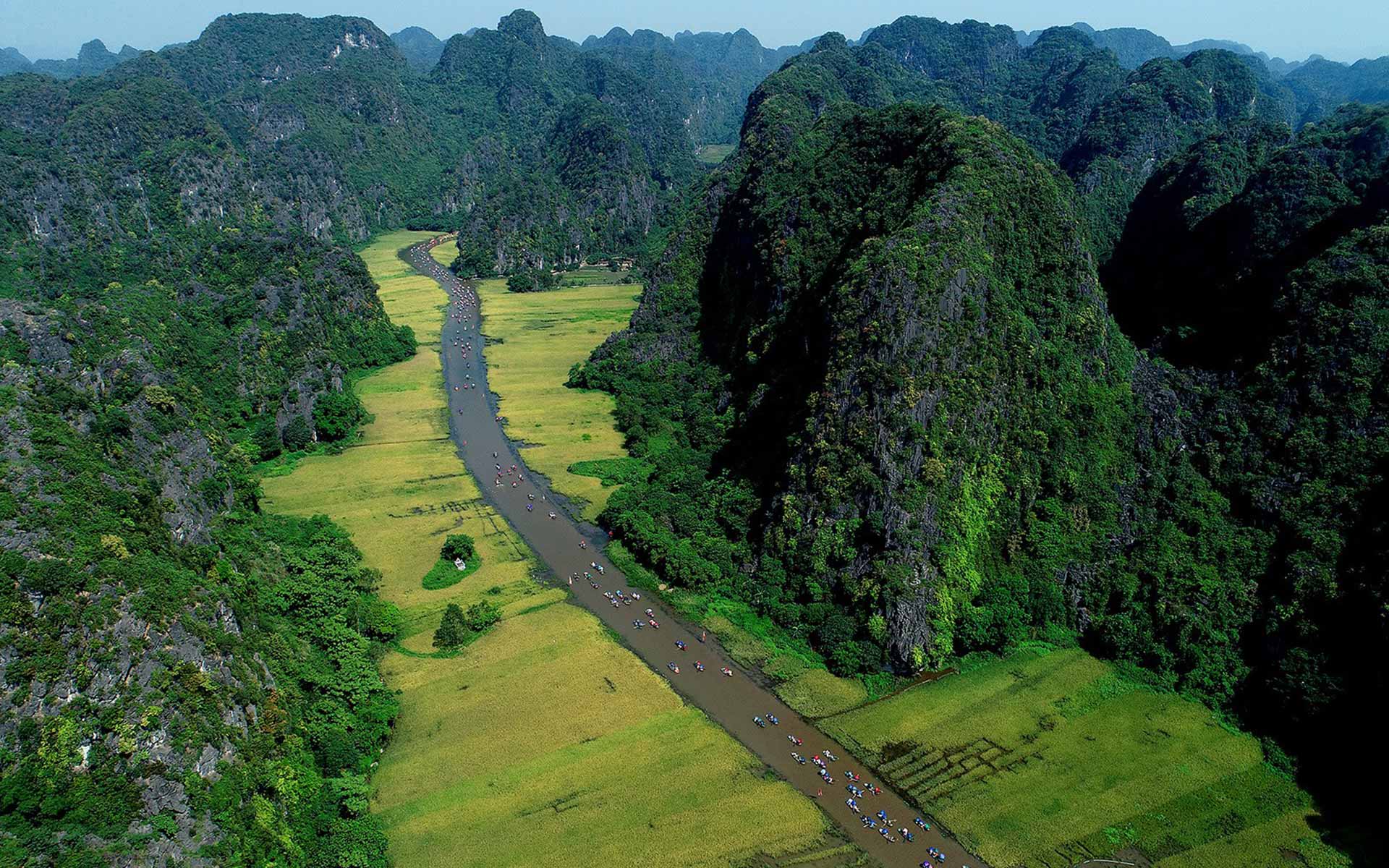 Spectacular aerial view of Tam Coc landscape