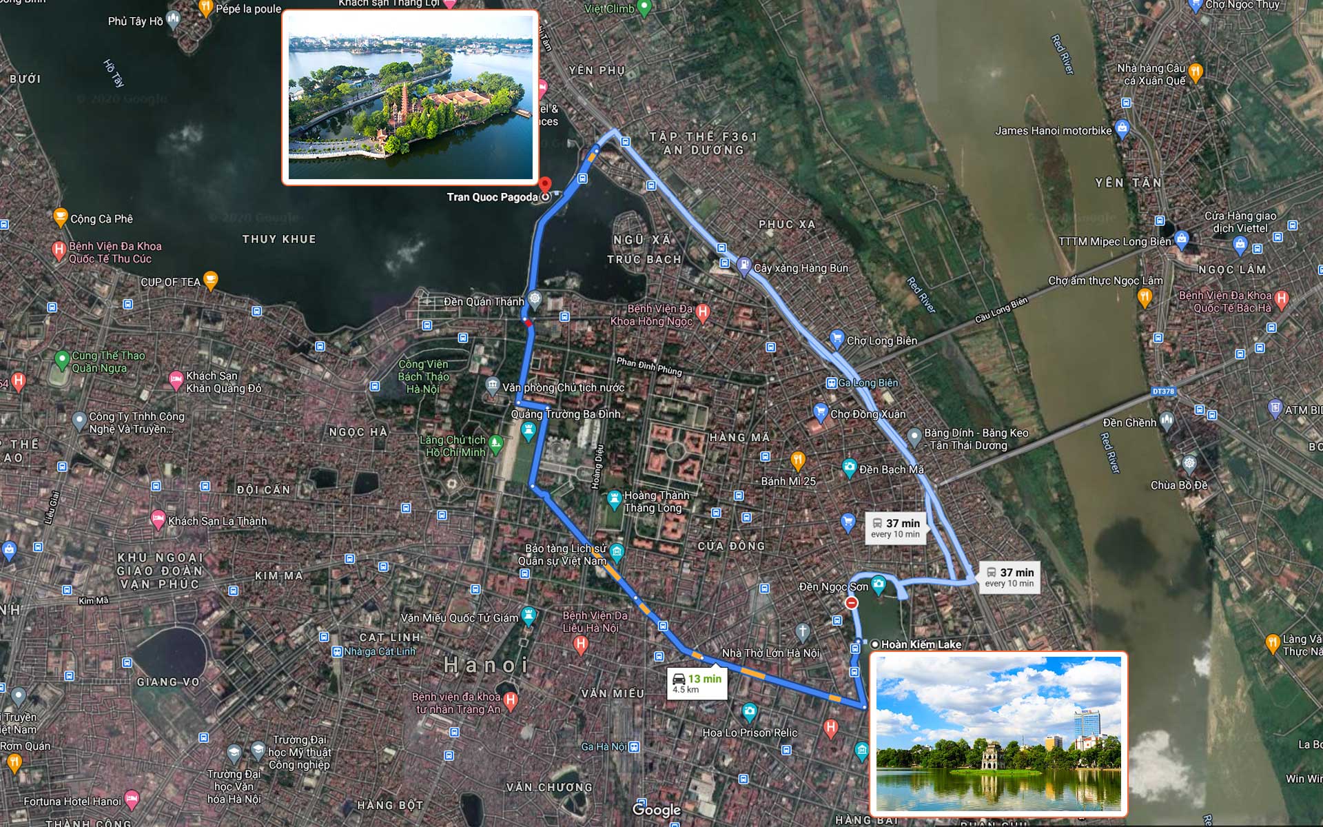 Map of route from Hoan Kiem Lake to Tran Quoc Pagoda