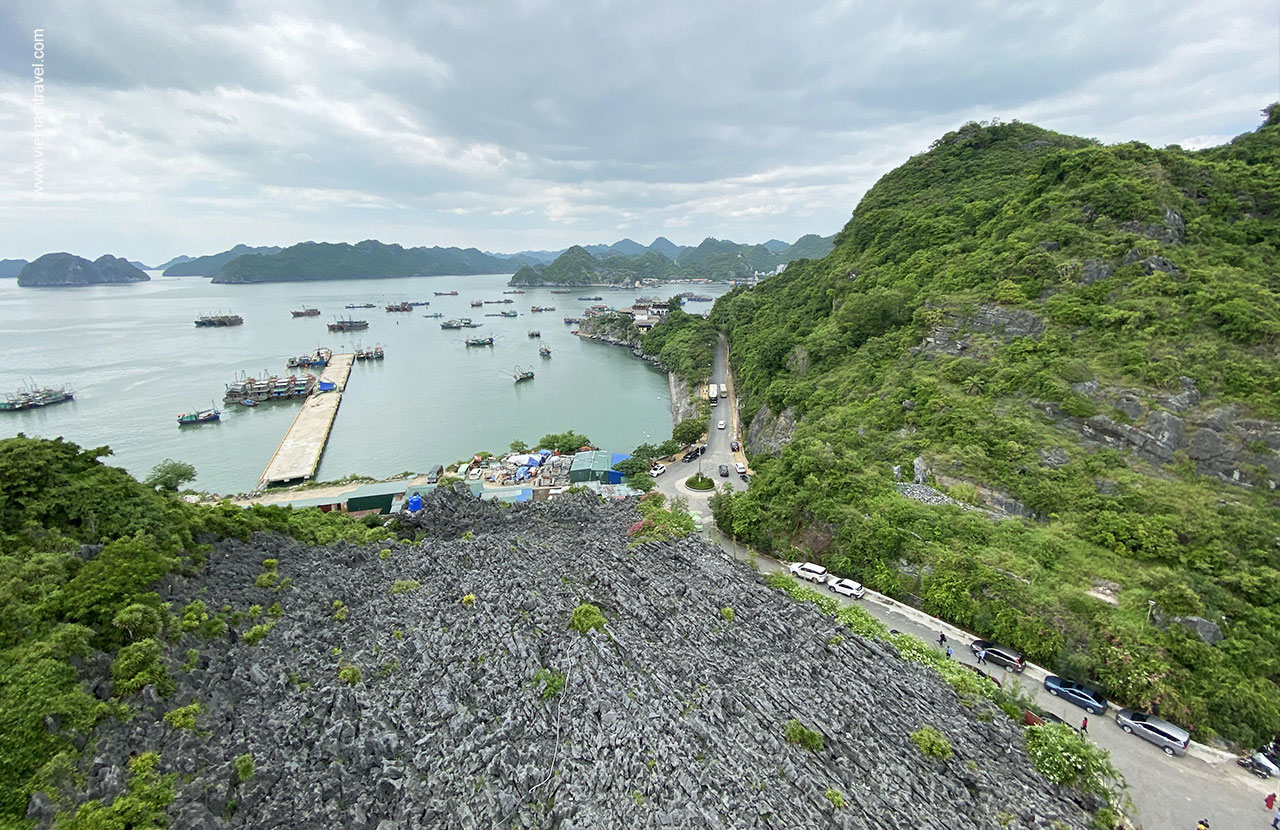 View of the rocks and Cat Ba boat jetty from Cat Ba Mgallery Hotel