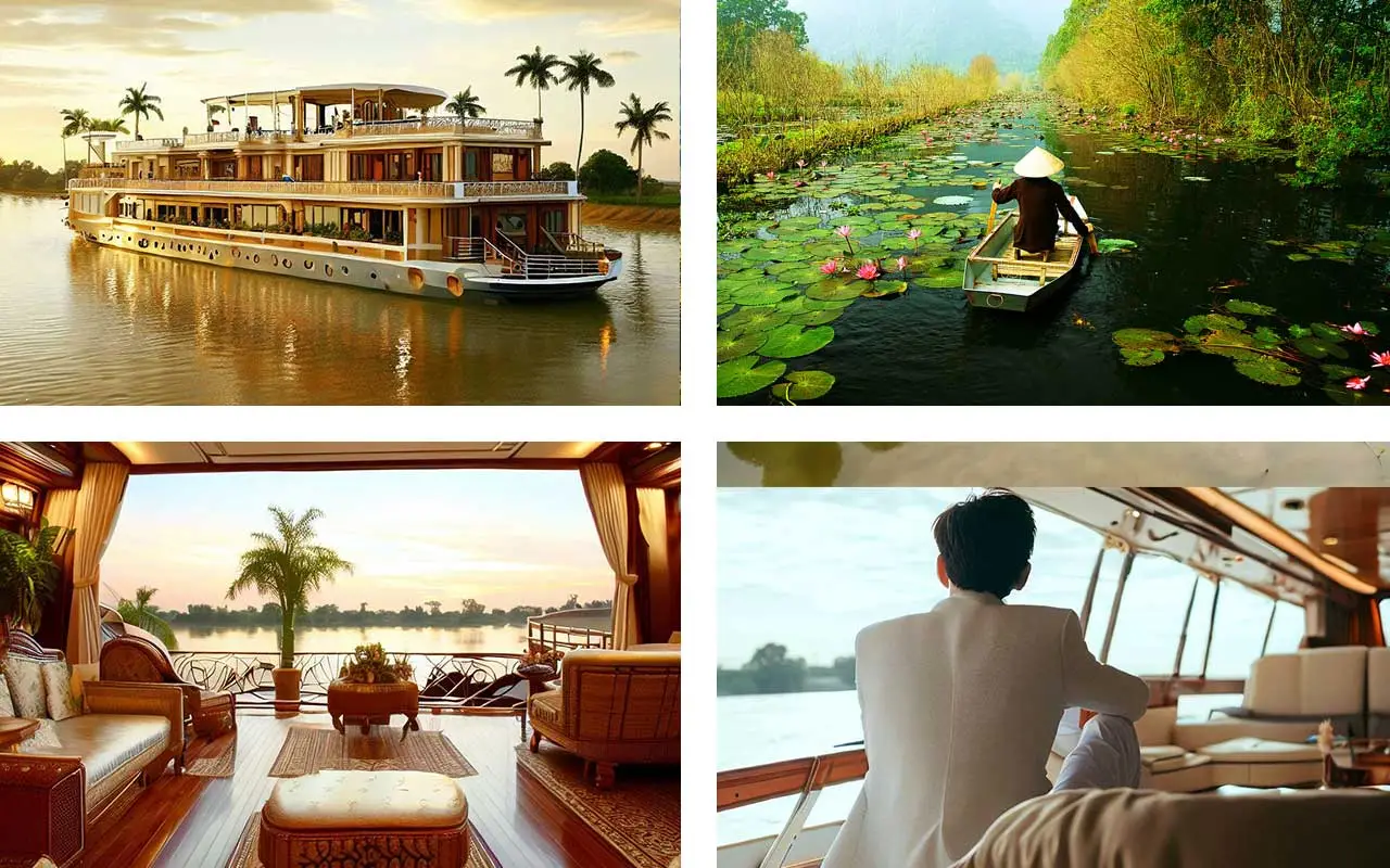 A collage of four images showing the views and activities of luxury Mekong River cruises