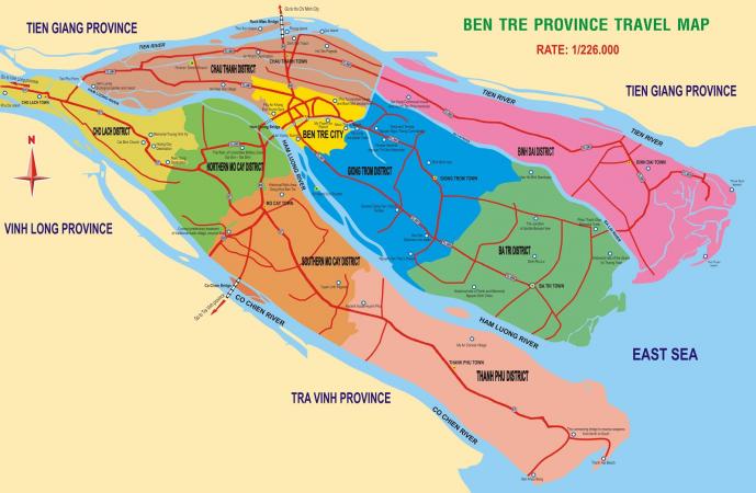 Map of Ben Tre province and its districts