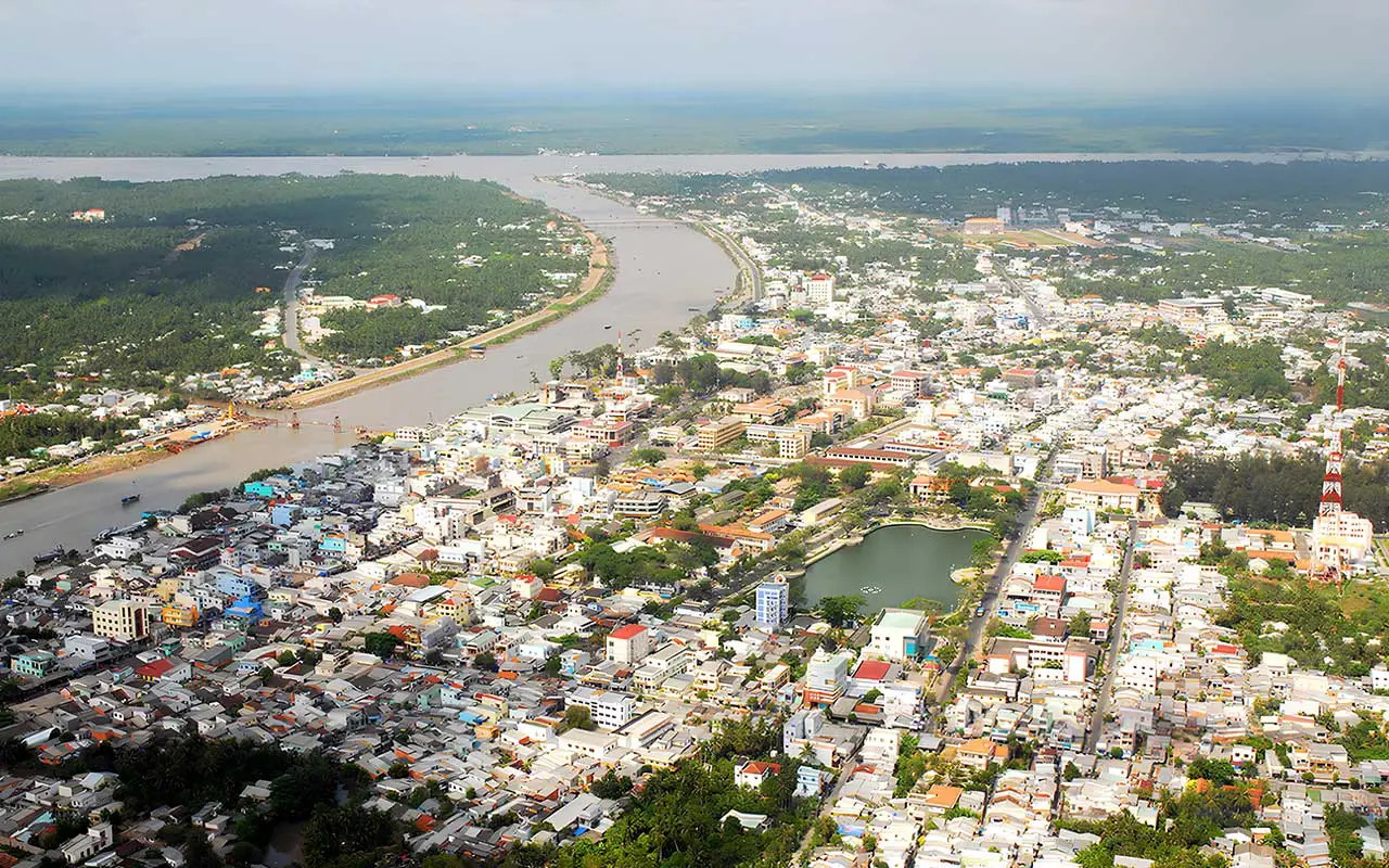 Aerial view of Ben Tre city and river