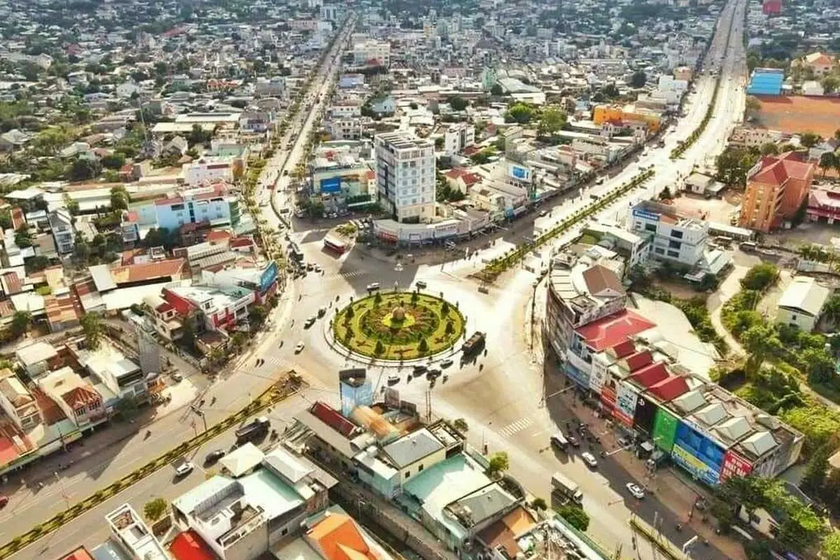 Aerial view of Binh Phuoc city and rubber plantation