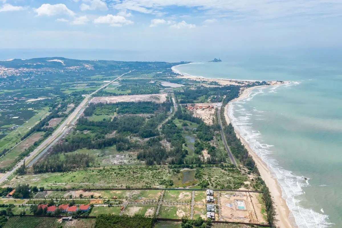 Aerial view of Binh Thuan province with coastline and mountains
