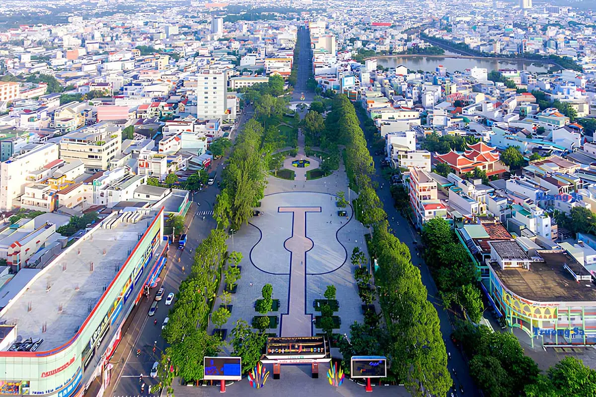 Aerial view of Can Tho city with Ninh Kieu wharf and Can Tho bridge