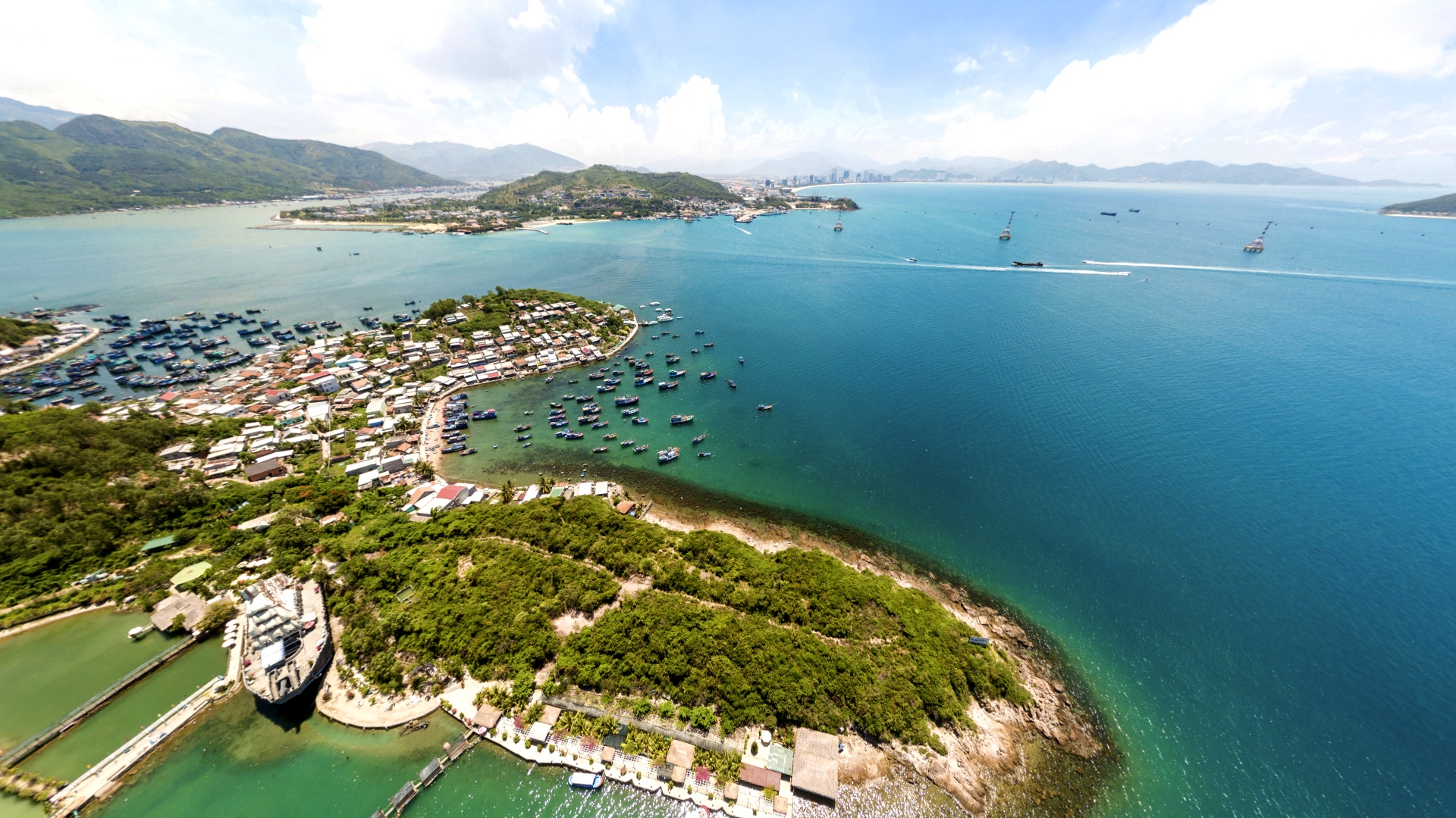 A panoramic view of Nha Trang Bay with mountains and islands