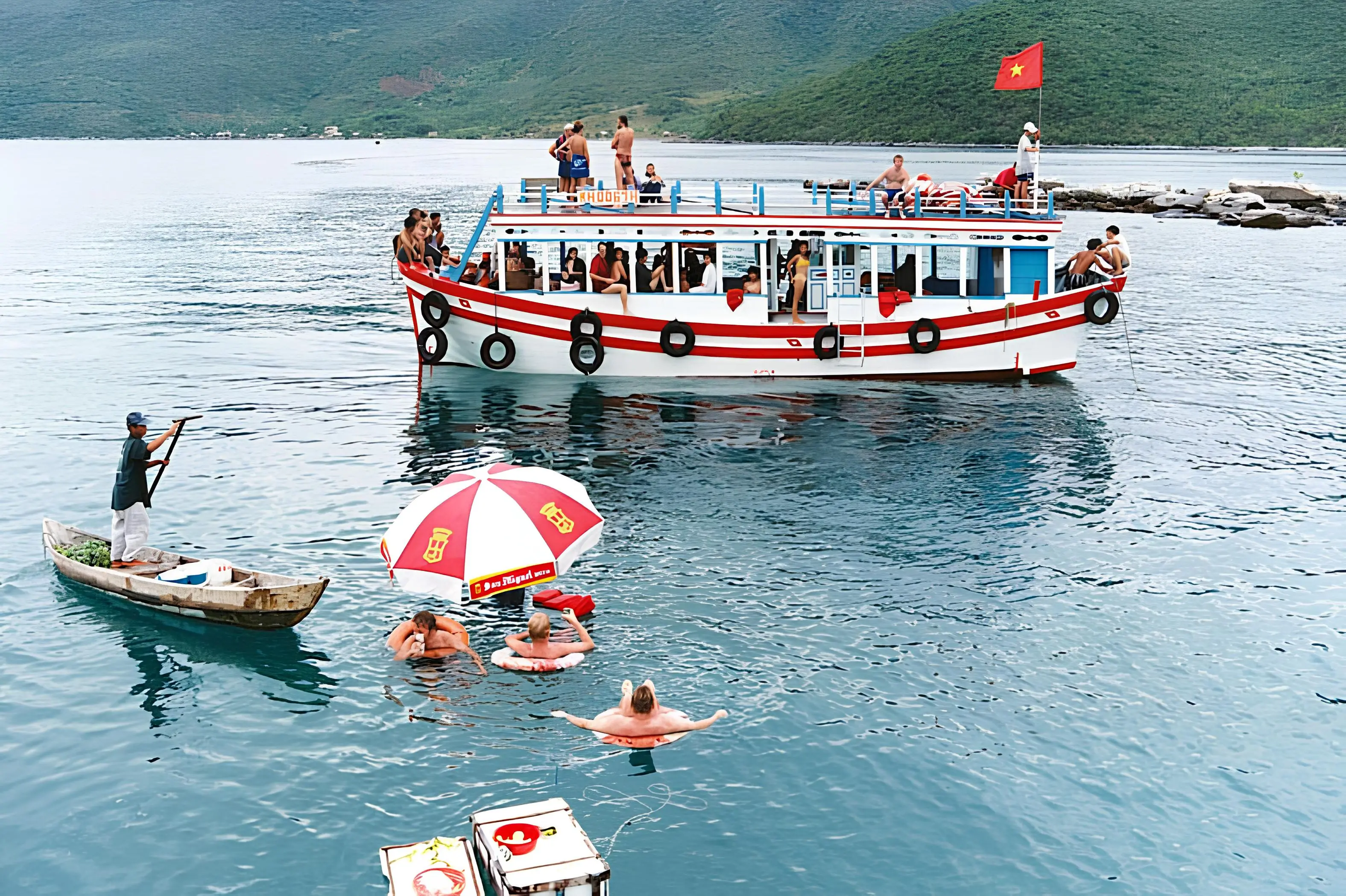 A group of tourists enjoying a boat trip on Nha Trang Bay
