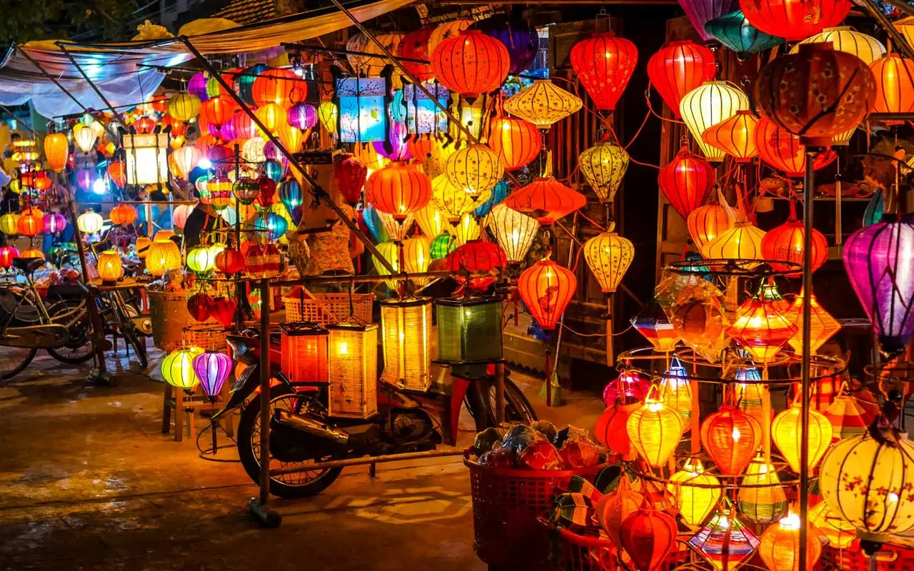 A view of a lantern-lit street in the ancient town of Hoi An in Quang Nam