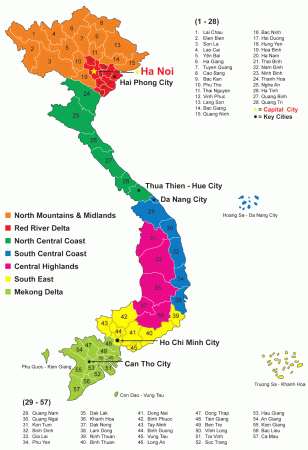 A map of Vietnam with 63 provinces and 5 municipalities in different colors