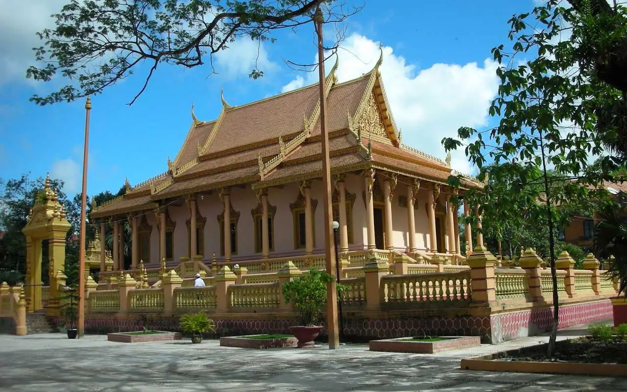 A view of a Khmer pagoda with colorful decorations in Soc Trang