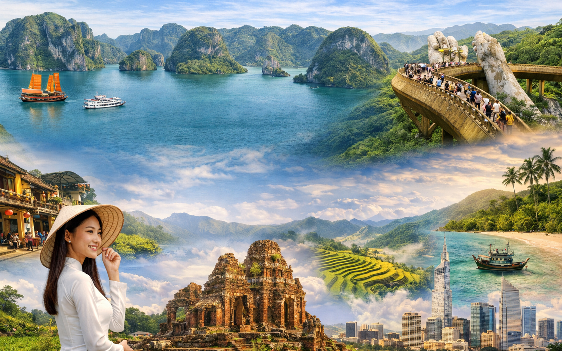 Collage of top Vietnam travel destinations including Ha Long Bay, Golden Bridge, Hoi An, and My Son Sanctuary